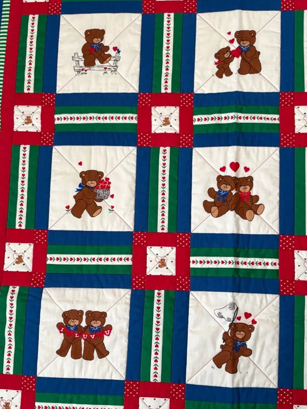 Handmade Quilted Throw Teddy Bear Heart Valentine Squares Cornerstones Nursery